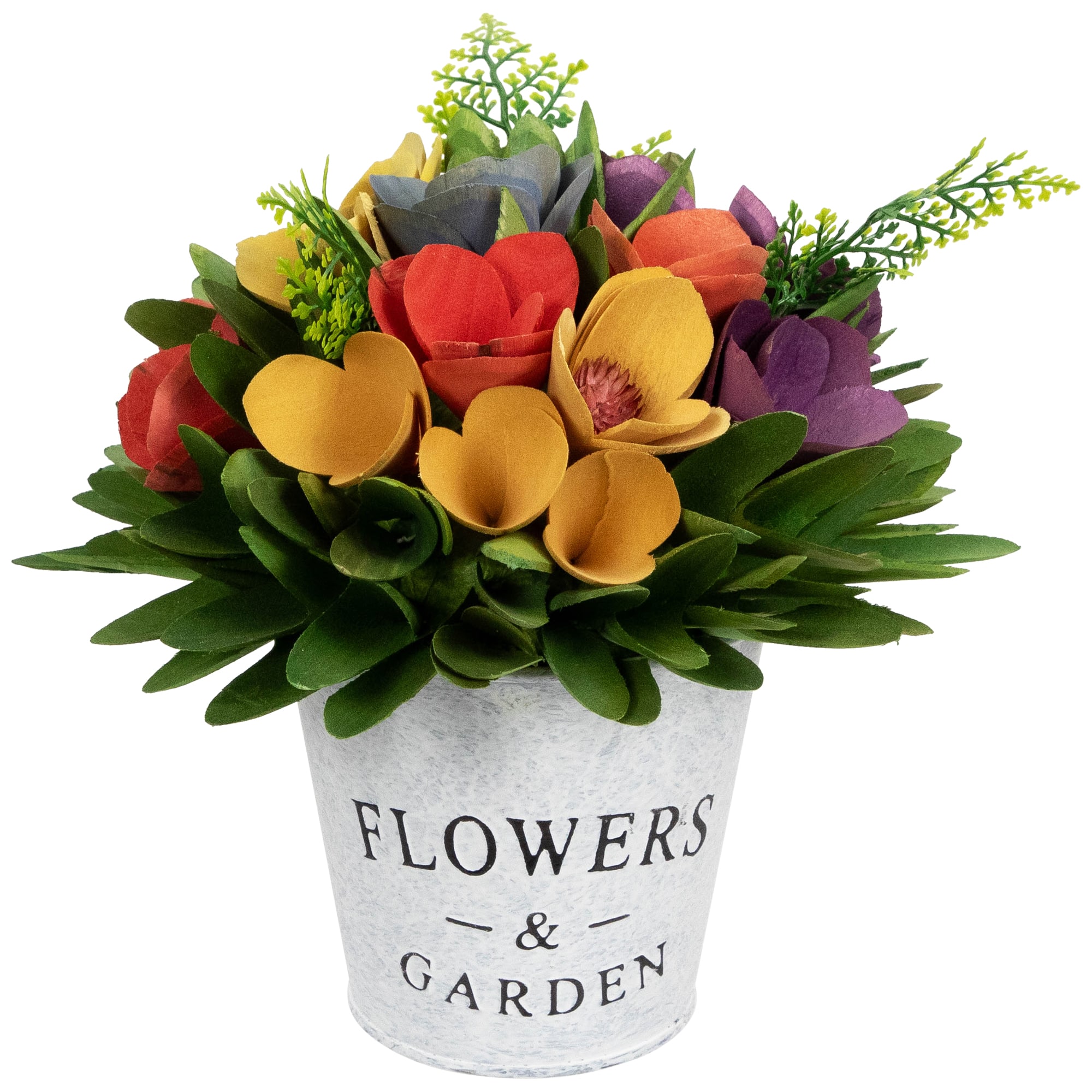 7.5" Wooden Artificial Spring Floral Arrangement with Flowers & Garden Pot